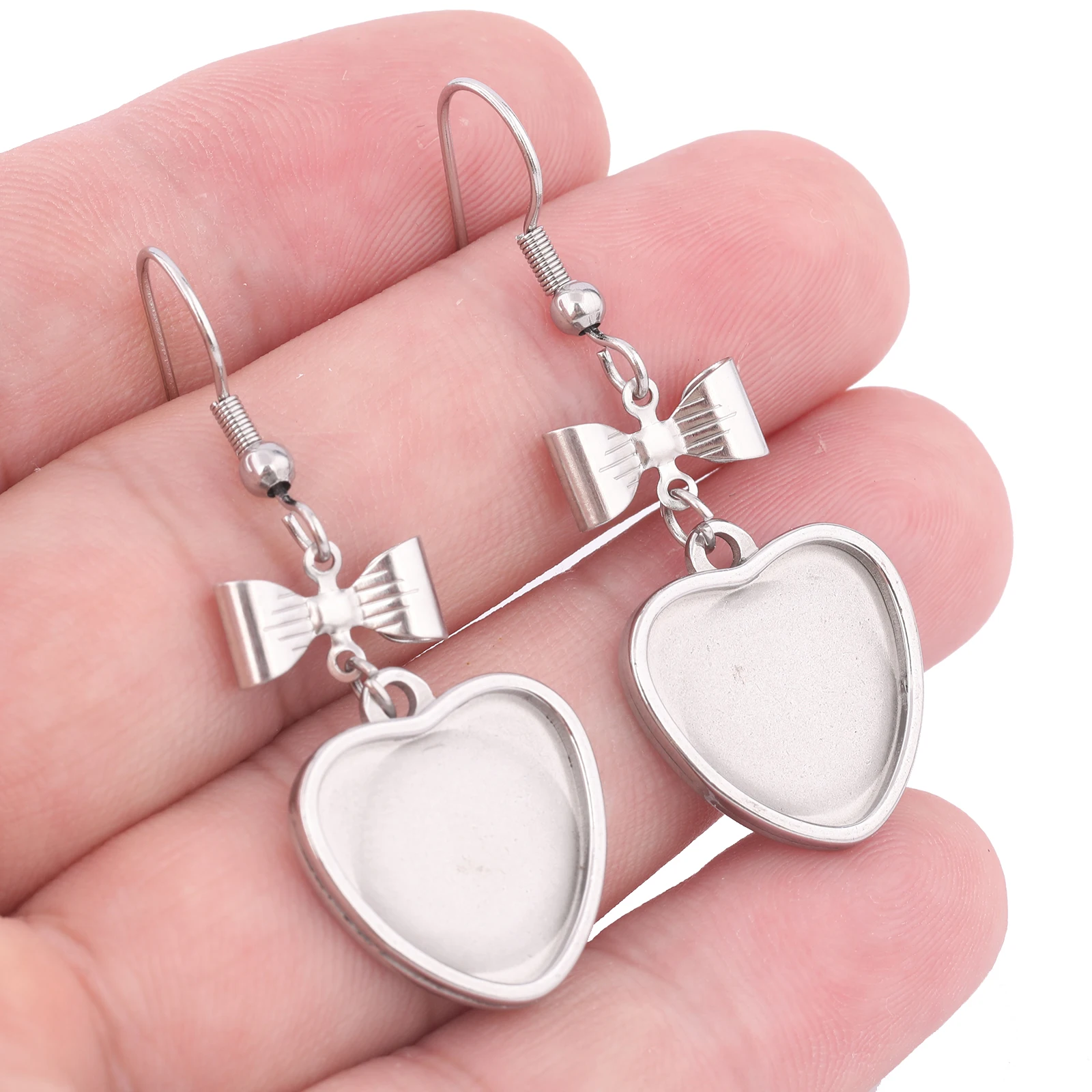 10pcs Stainless Steel Bow Connector Earring Findings Fit 15mm Heart Cabochon Earrings Base Setting Blanks Diy Jewelry Making