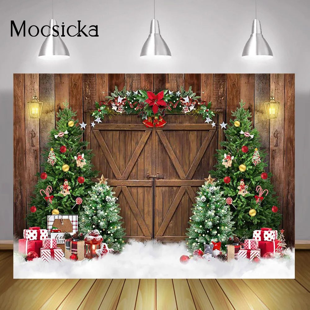 겨울 소박한 문짝 메리 크리스마스 파티 배경, 크리스마스 트리 산타 선물, 가족 초상화 사진 배경, 눈 사진 촬영