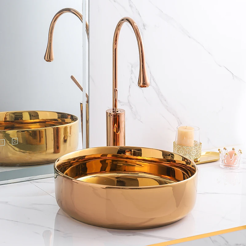 Nordic style ceramic circular gold tabletop basin, washbasin, household small-sized artistic washbasin, washbasin, washbasin