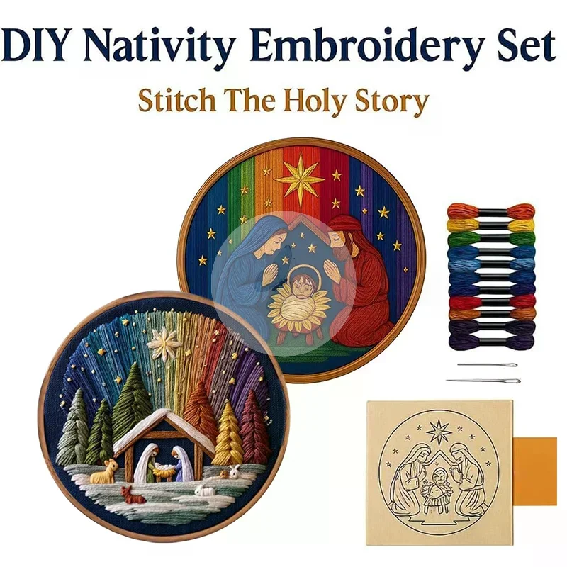 Gepersonaliseerde kerststal borduurset - DIY kerstverhaal poppenset, compleet handstichpakket