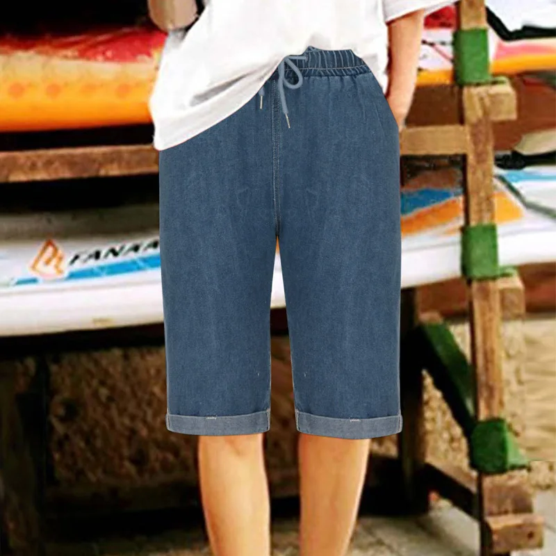 

Women Jeans Drawstring Pockets Denim Knee Length Pants Straight Washed Jean Spliced Casual Pant Streetwear Lady Summer