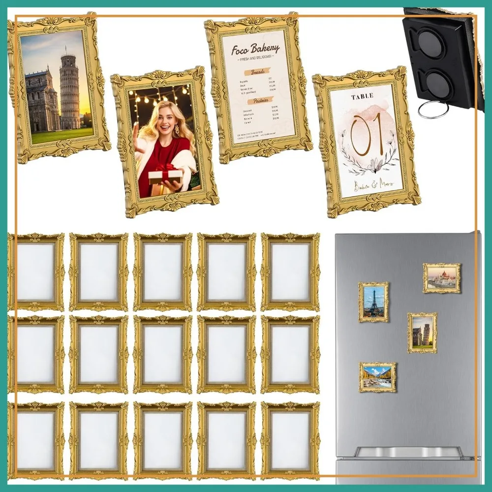 20 Pcs Vintage Mini Picture Frames for 2.5x3.5 Photos, Gold Ornate Magnetic Fridge Frames, Antique Table Decor for Wedding Menu
