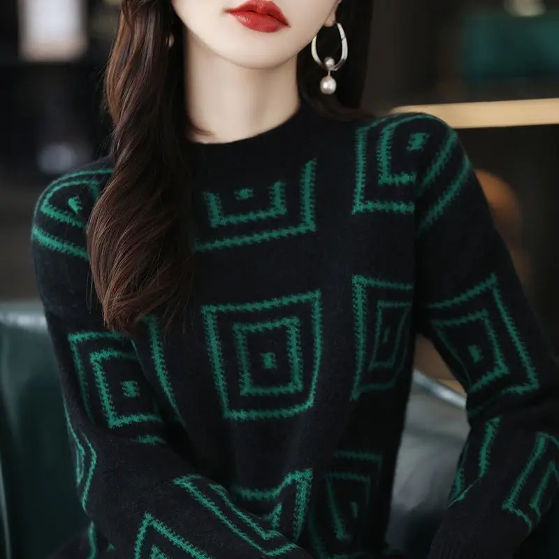 2023 New Fashion Knitwear Half High Collar Autumn/Winter Slim Loose Checkered Sweater Pullover Inner Layer Top Casual All-match