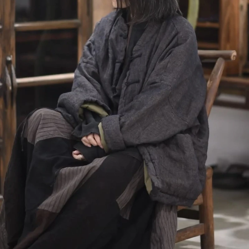 

Women Casual Long Jackets Plus Size 2025 Autumn Winter Vintage Style Stand Collar Printed Loose Female Loose Cotton Linen Coats