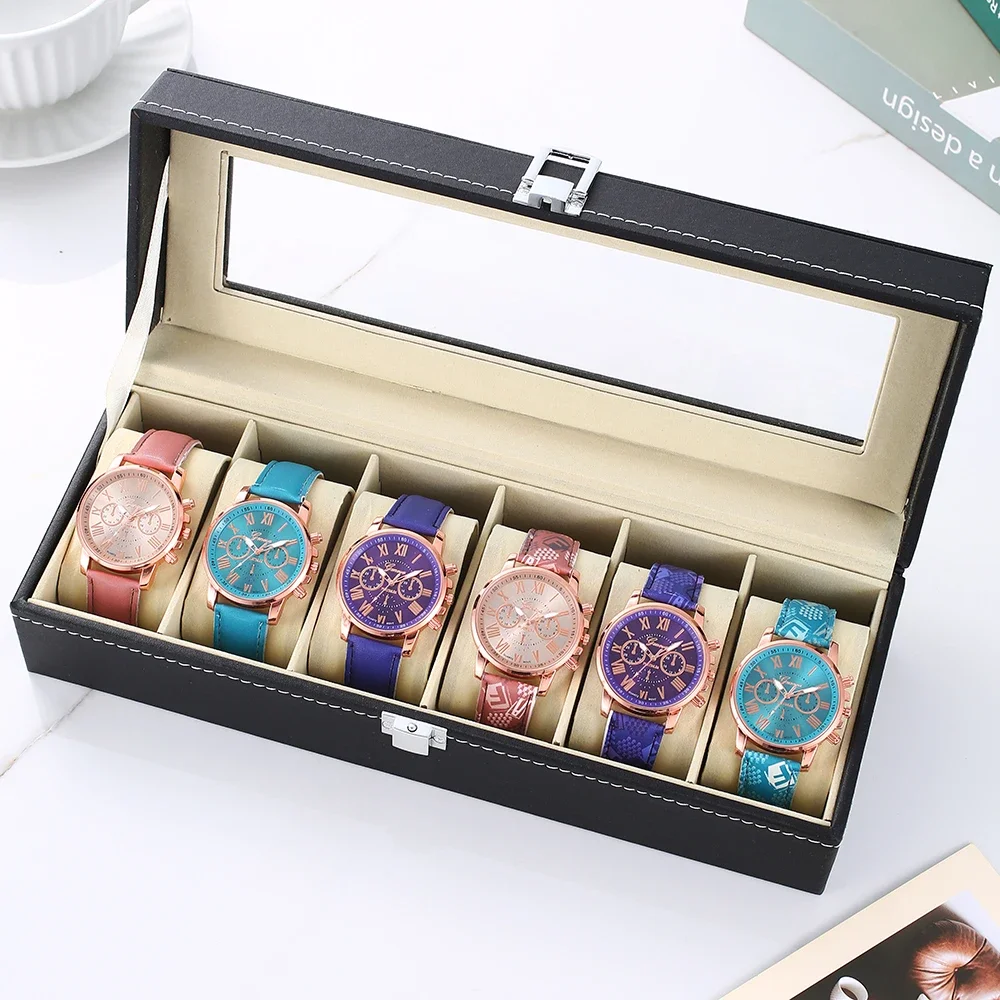 Women 6/1Pcs Quartz Watch Set Roman Dial Multi Color Ladies Dress Wristwatch Relojes Mujer With Gift Box