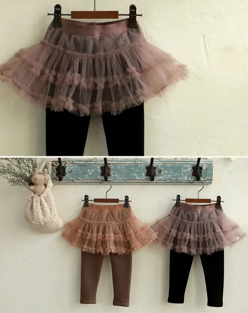 

Kids Leggings 2024 Winter New Toddler Baby Girls Cute Mesh Fake Two Bottom Skirts Leggings