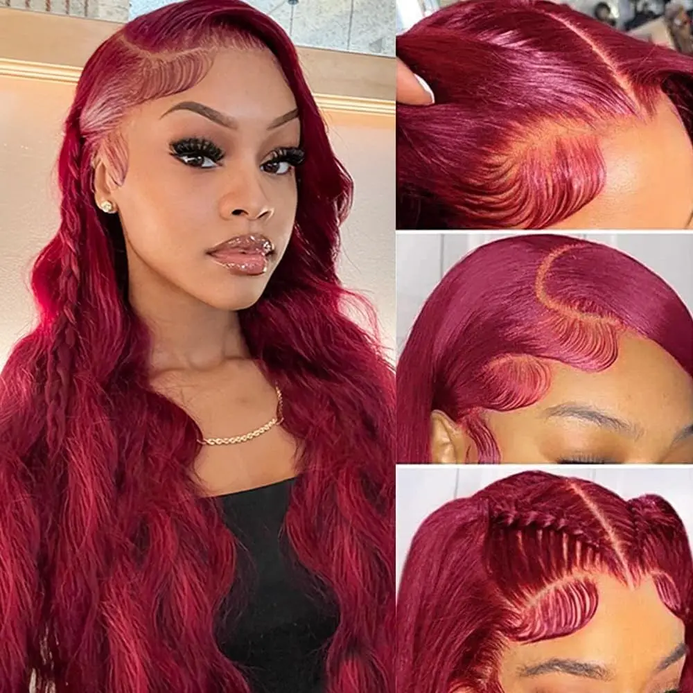 

Парик 99J Burgundy Body Wave, 40 дюймов, с фронтальной частью из HD-кружевной сетки 13x6, бразильские 100% натуральные человеческие волосы, плотность 200, идеально подходит для косплея