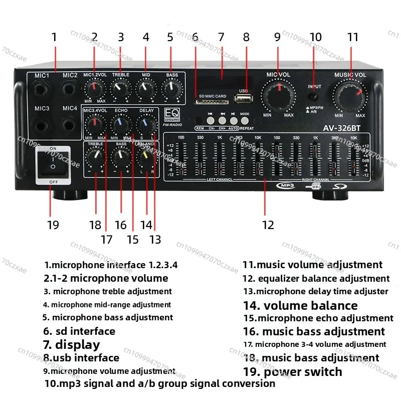 High-power Household Power Amplifier 12V/220V Bluetooth EQ Equalizer, Car-outdoor Karaoke Dual-purpose Function