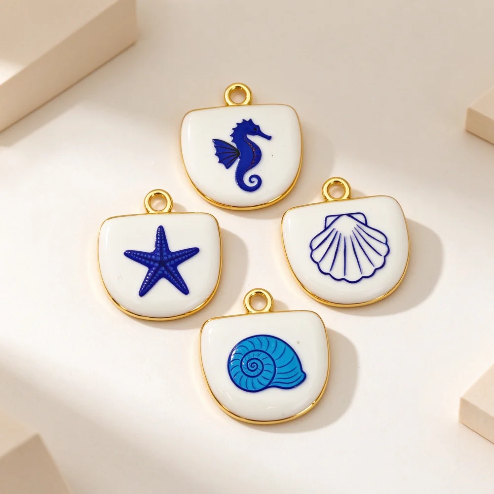 4 Pcs Pendants Brass Enamel Ocean Series Seahorse Starfish Shell Conch Pattern Charms for DIY Jewelry Necklace Bracelet Making
