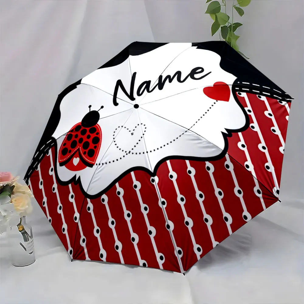 Custom Name Ladybug-Themed Fashion Umbrella with Heart Design Print 8 Iron Ribs Folding Umbrella, Auto-Open Fashion Sunshade