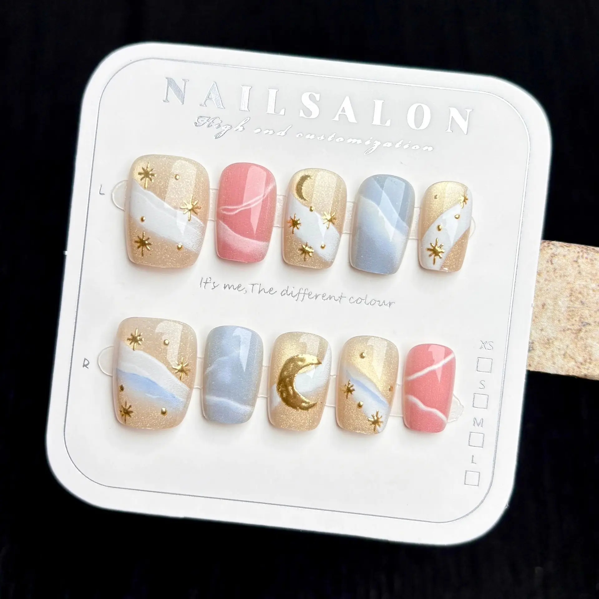 

24PCS Luxury Glass Bead Cat Eye Fake Nails Short Square Coffin Press on Nails with Glitter Gilt Sweet Heart Star and Moon Design