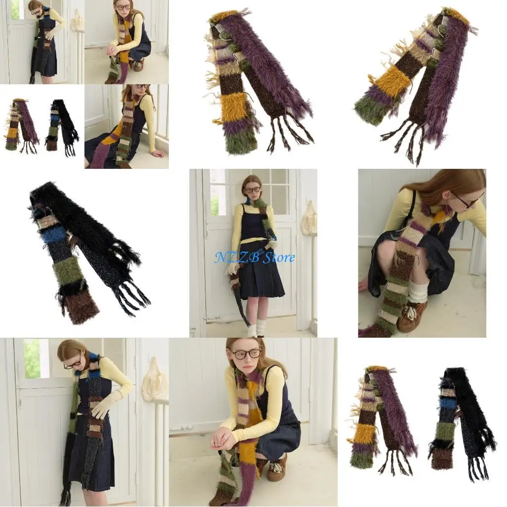 

T21F Узкий шарф Вязаный полосатый шейный платок Элегантный шарф Длинные шарфы для женщин