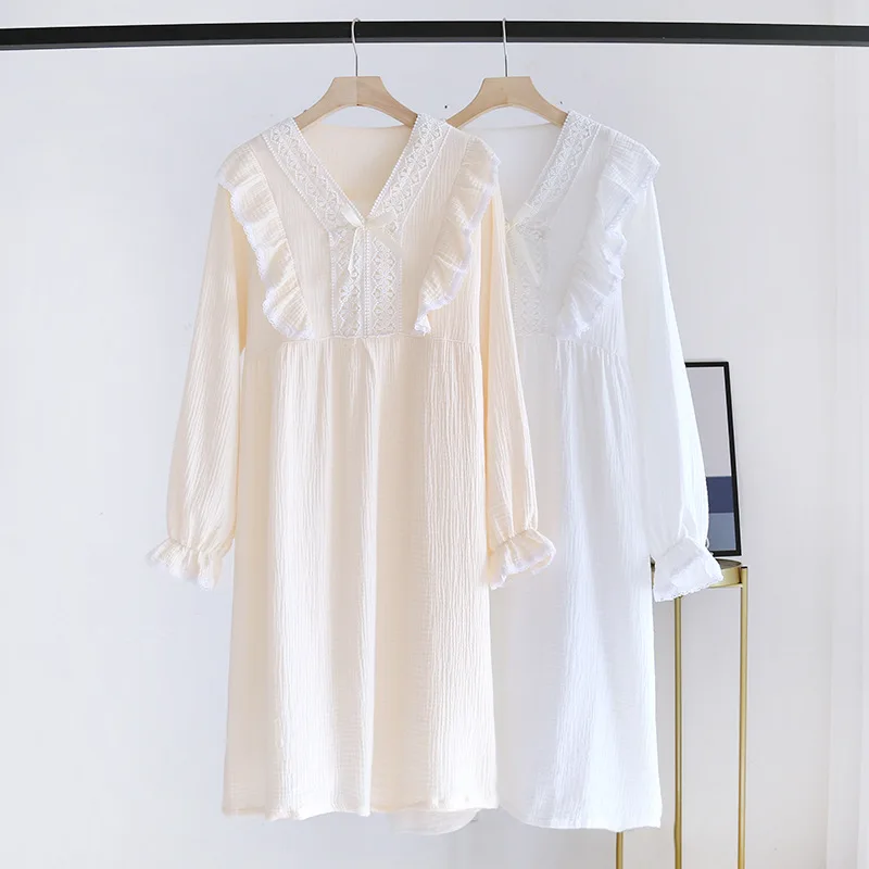 

100% Cotton Crepe Causal Dresses Women's Spring Autumn Thin Gauze White Dress A-Line One-piece Loose Female Robes Streetwear New