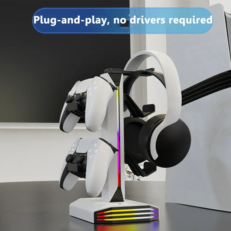 Desktop Display Multi Functional Sturdy Shelf Headphone Gaming Handle Stand RGB Light Music Headset Hanger with Type-C 2USB Port view 2