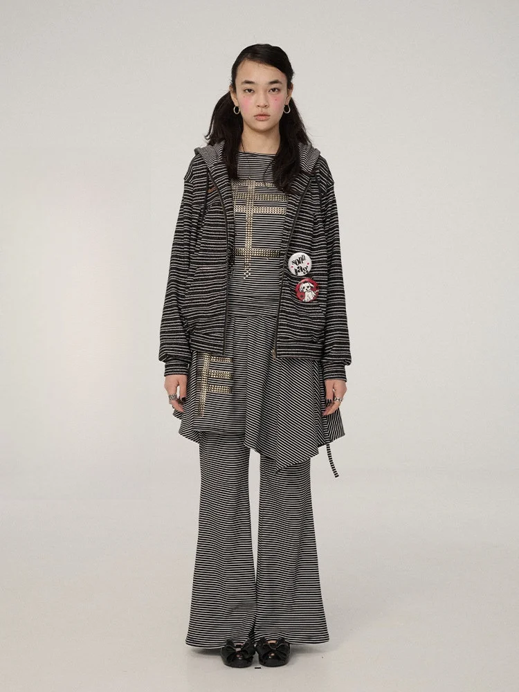 

Achihara Spring 2026 Women's Knitted Jaet with Hat Spring Sle Long Sve Regular Length Zipper Closure Striped Pattern