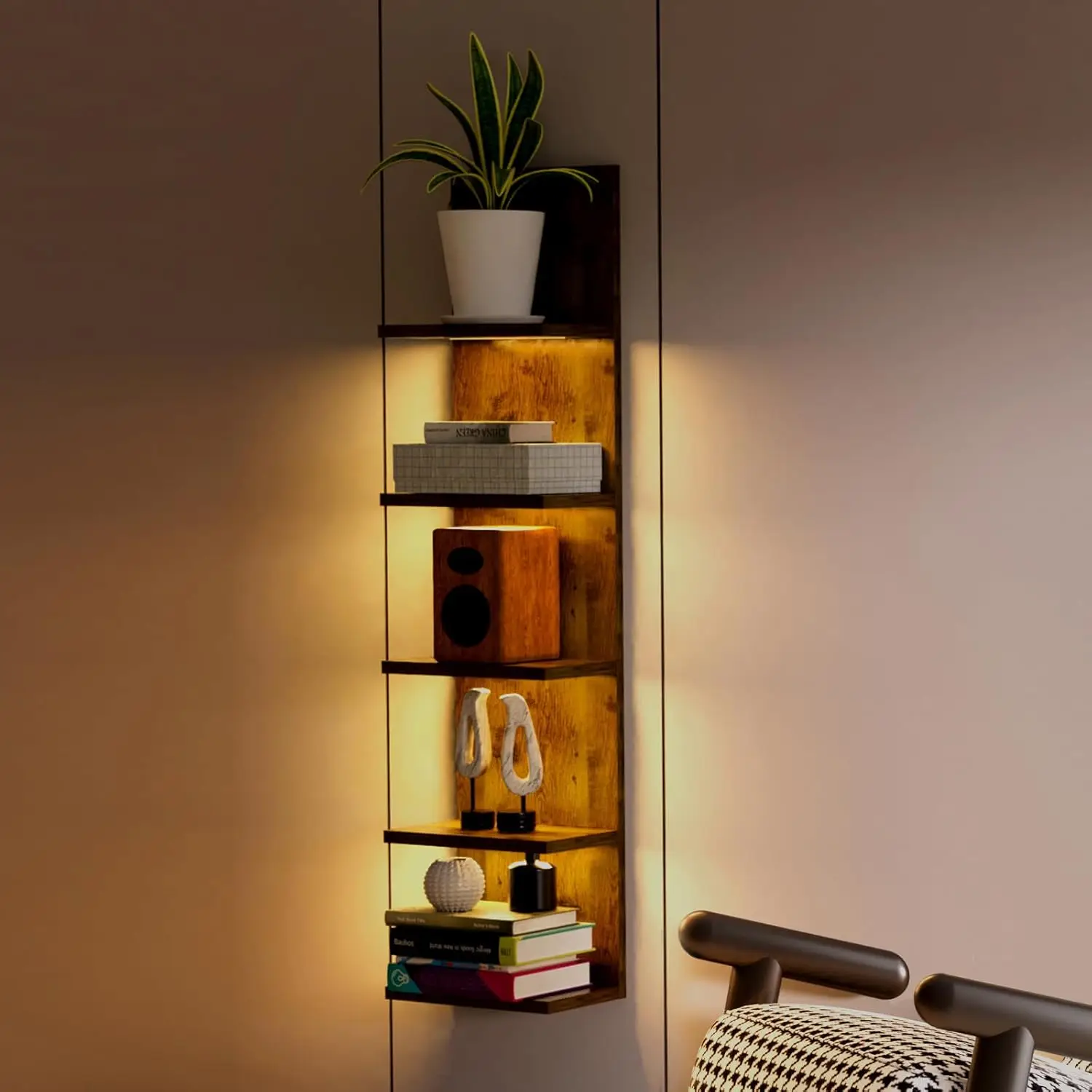 5 Tier Wall Shelf Unit,Wall Mount Vertical Lack Shelf with Light,Modern Column Shelf Floating,Floating Shelf Wall Decor Shelves