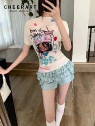 CHEERART Y2k Fashion Anime Cute Crop Top Graphic T Shirts Pleat White Summer Short Sleeve Tees Designer Kawaii Top Clothes