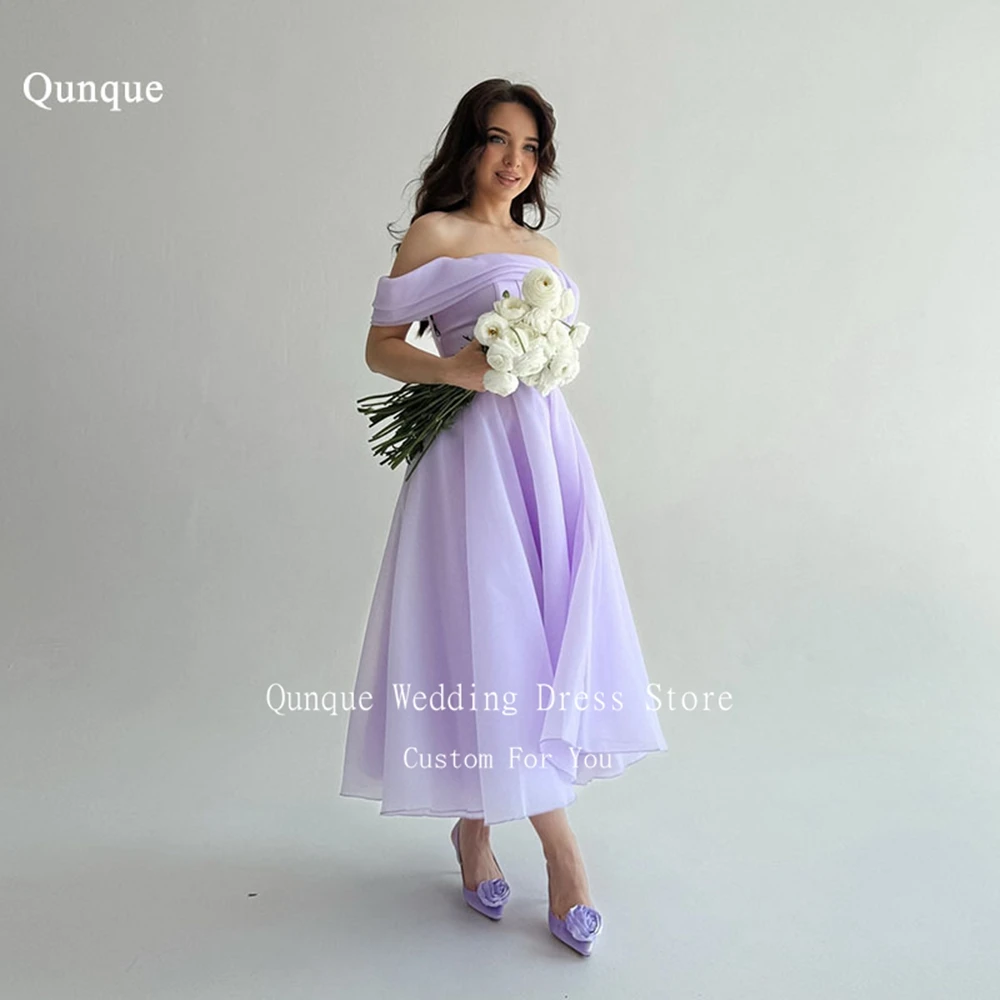 

Qunque Tea Length Lilac A-line Evening Dresses Off The Shoulder Short Sleeves Party Dresses Organza Vestidos De Gala Customized