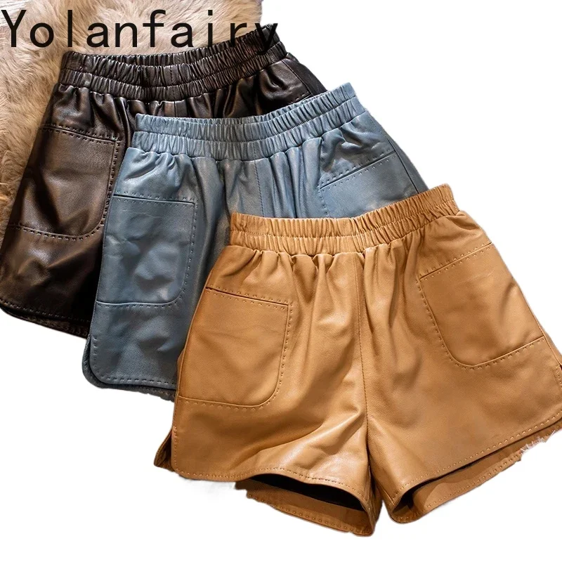 

Genuine Leather Shorts for Women 2024 Real Sheepskin Short High Waist Black Shorts Korean Fashion Wide Leg Pants Ropa Mujer