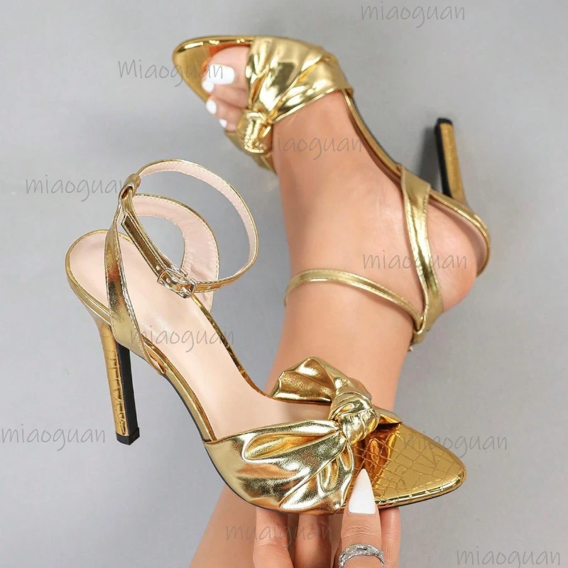 

Потрясающие золотые туфли на высоком каблуке с открытым носком, элегантные вечерние туфли-лодочки для вечеринок, модные туфли с круглым носком, вырезами и бантом