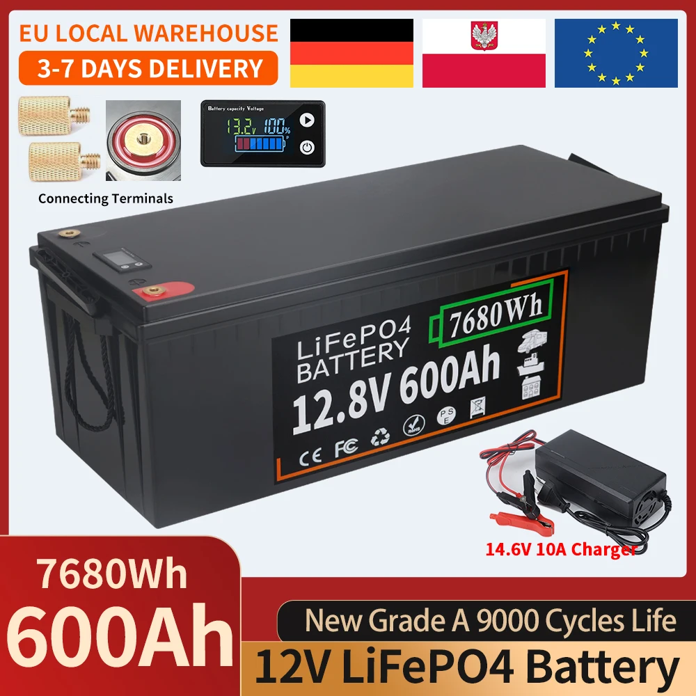 Batterie Lithium fer Phosphate LiFePO4, 12V, 600ah, 350ah, 300ah, 200ah, 100ah, BMS intégré, 9000 Cycles, pour voiturette de Golf, camping-car solaire