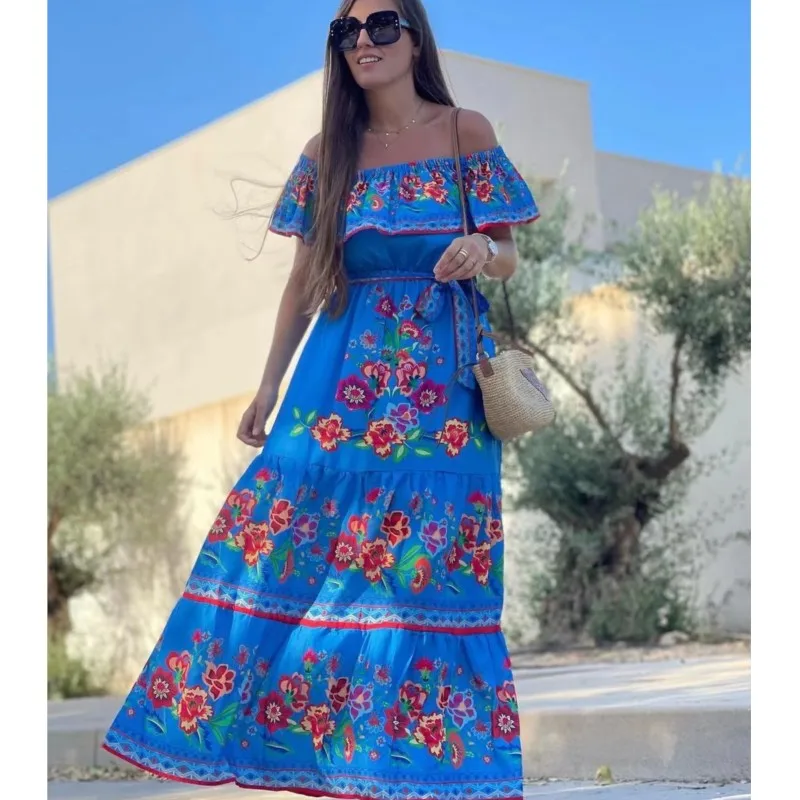 2024 primavera/verão novas mulheres retro moda um ombro flor vermelha impresso cintura coleção estilo longo grande balanço vestido casual