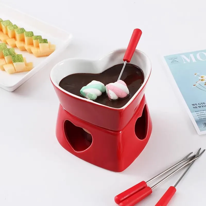 Juego de ollas para fondue en forma de corazón de cerámica de 320ml con 4 tenedores, opciones blancas y rojas, perfecto para postres de queso y chocolate