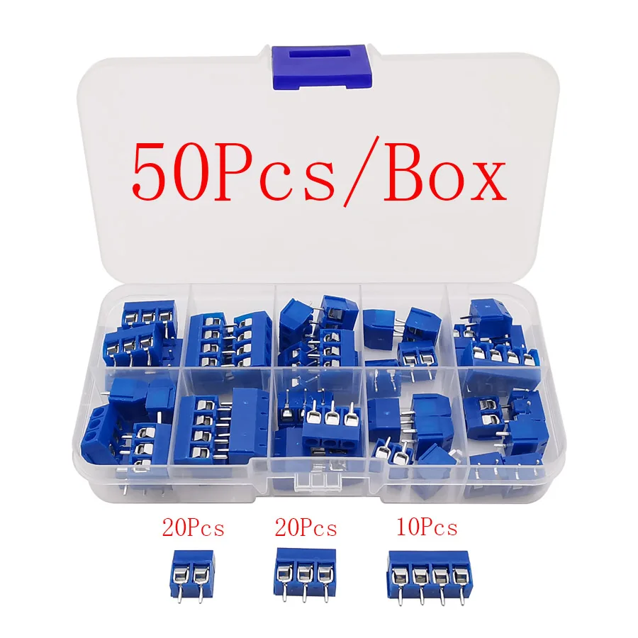 50 buah/kotak KF301 2P/ 3P/ 4Pin PCB sekrup Terminal blok konektor Kit lurus Pin KF301-5.0-2P KF301-3P KF301-4P