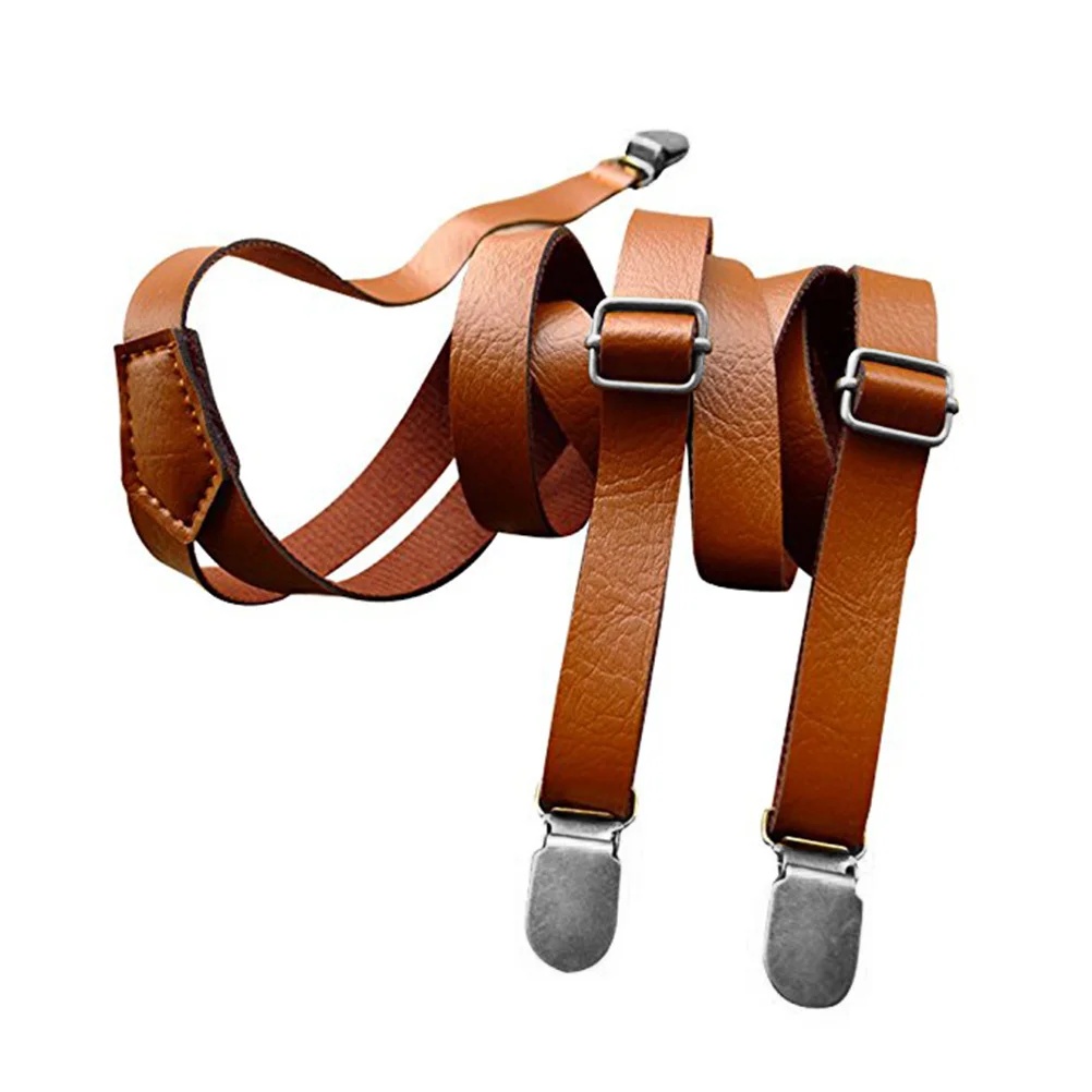 

Adjustable Suspenders Brown PU Scratch Resistant Clip on Suspender Fit Height 153-176cm Accessory for Men