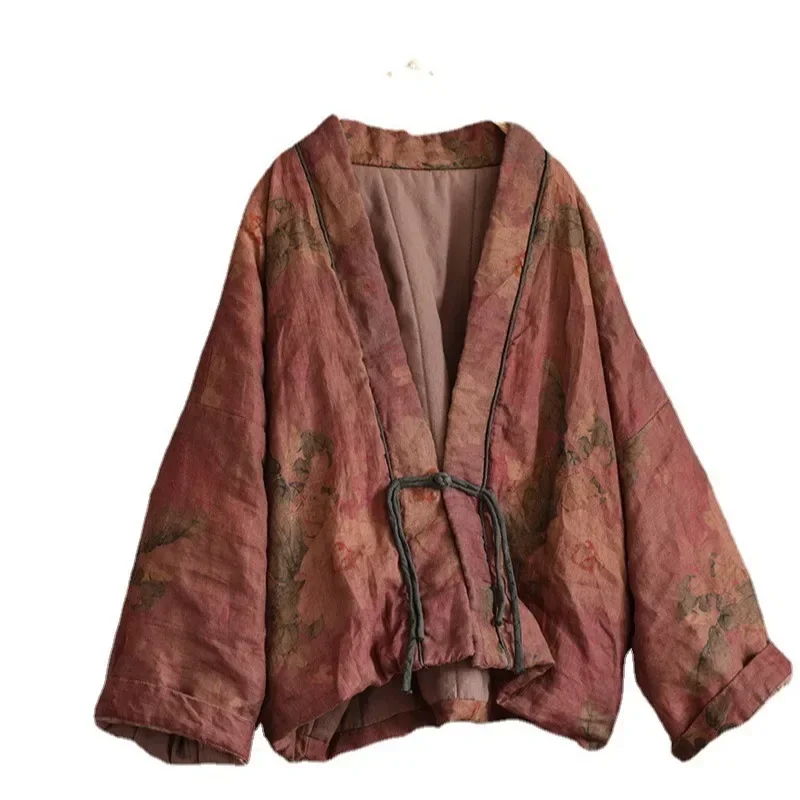 Lace Up Cotton Padded Women Printed Loose Long Sleeves Kimono Style Jackets Female 2024 Autumn Winter Thick Vintage Outerwears