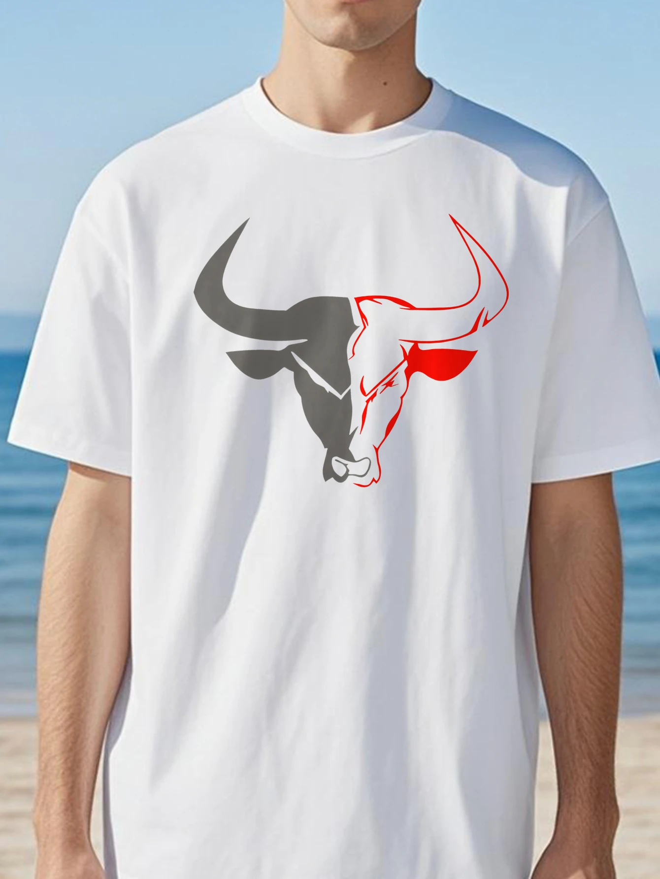 تي شيرت رجالي صيفي من القطن الخالص كاجوال فضفاض رياضي بنمط بيرتون مطبوع برقبة دائرية وأكمام قصيرة