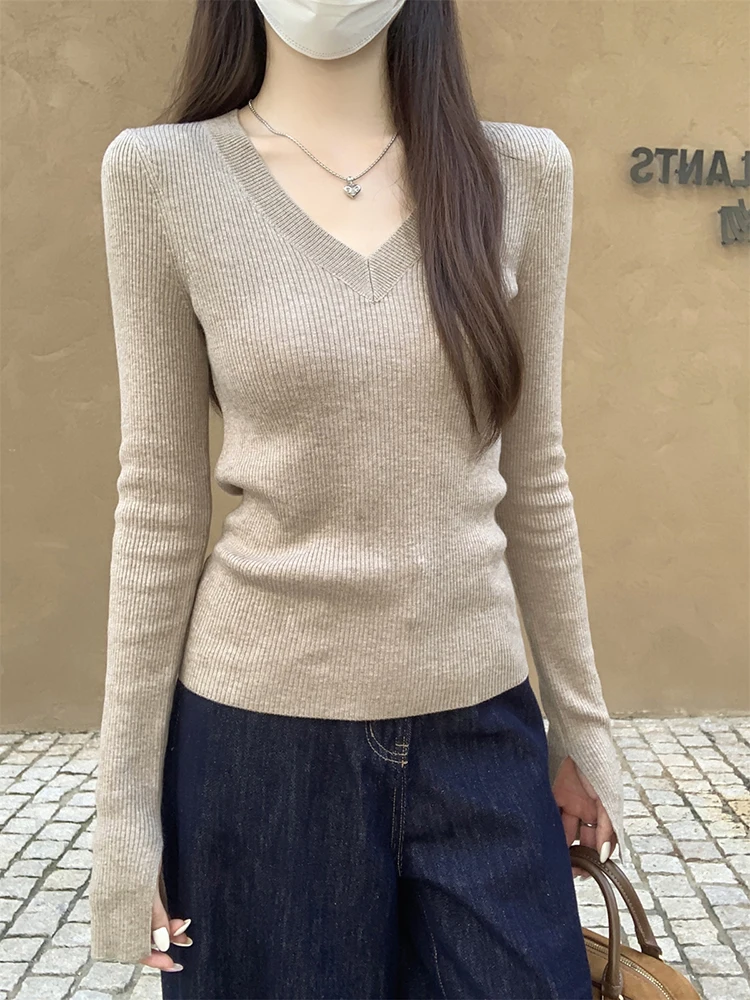 セーター黒長袖ニットセーター女性プルオーバー新しい V ネックスリムニットセータープルオーバー女性トップス女性服 Q2075