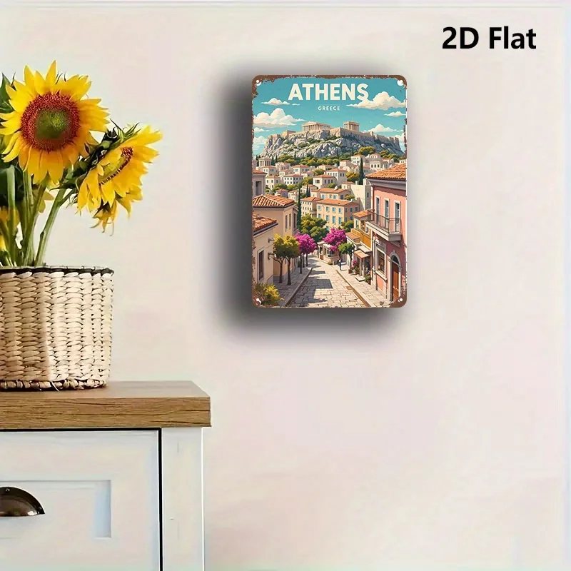 2D Flat - 2D Plane - a Vintage Greek Metal Wall Art Sign - 8.0X12.0 inch Rustic Iron Plaque Featuring The Acropolis And Cityscap