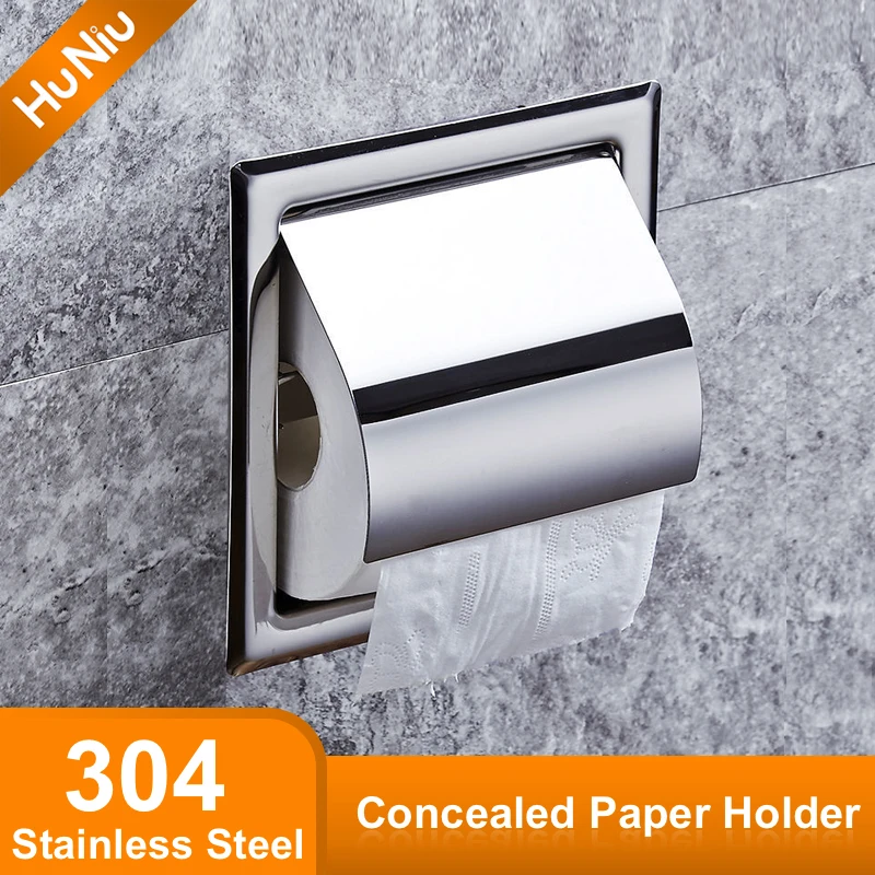 

HuNiu Embedded Toilet Paper Holder Concealed Roll Tissue Box Stainless Steel Wall Mount Bathroom Accessories Matt Black Polish