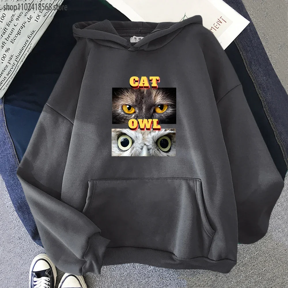 Animal Garphic Men Clothing A Cat and An Owl Hoodies Cartoon Sweatshirt Long Sleeve Pullovers Streetwear Women Tops Y2k Clothes