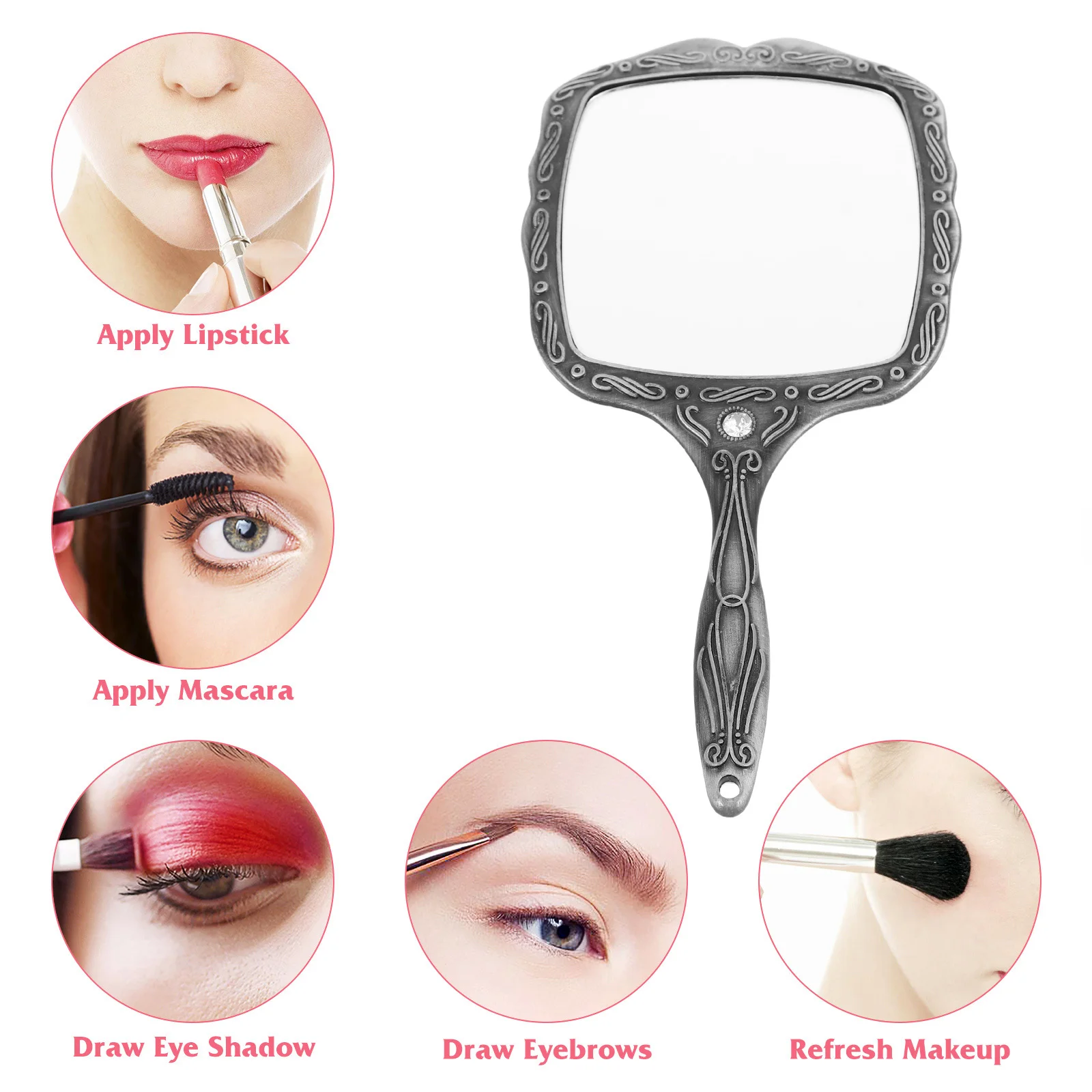 Hand-Make-up-Spiegel im Vintage-Stil, faltbarer Griff, tragbar, für Reisen, kompakt, Retro-Handspiegel für Frauen, stabiler Metallrahmen