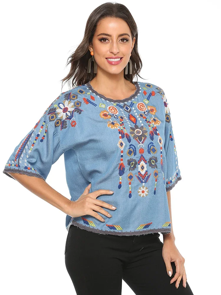 KHALEE YOSE Vintage Floral Embroidery Blouse Shirt Blue Denim Summer Mexican Shirt Women Holiday Casual 23XL Ethnic Shirt Tops