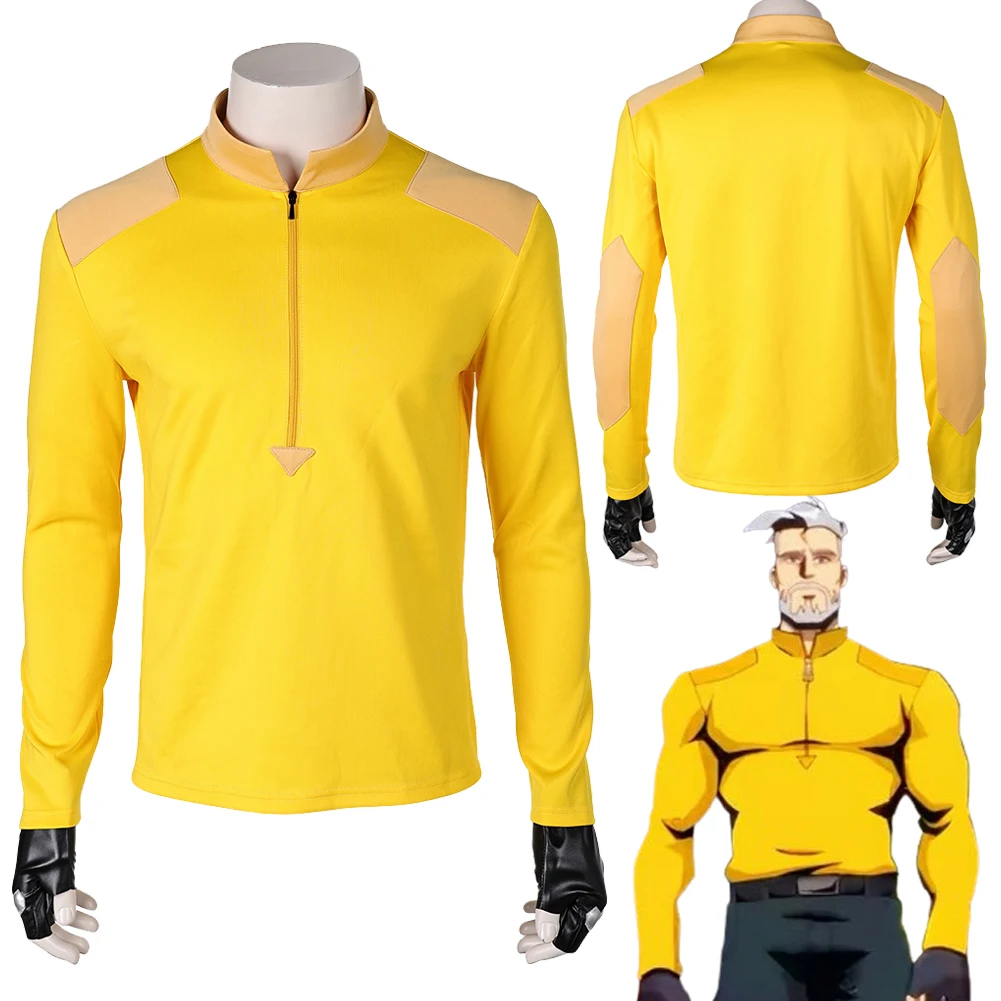 John Economos Creature Anime Commandos Cosplay Fantasia Yellow Shirt Gloves Costume Disguise Men Adult Halloween Carnival Suit