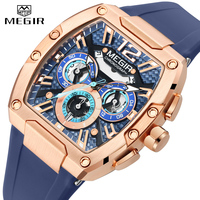 MEGIR New Tonneau Fashion Men's Quartz Watches Top Brand Waterproof Chronograph Sports Wristwatch Silicone Strap Auto Date