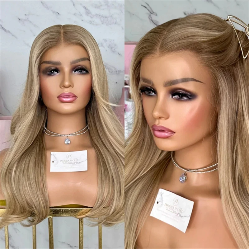 

Creamy Blonde with Ash Blonde Roots and Lowlights Highlight Lace Front Wigs Synthetic Hair Wig Glueless Wigs Preplucked Hairline