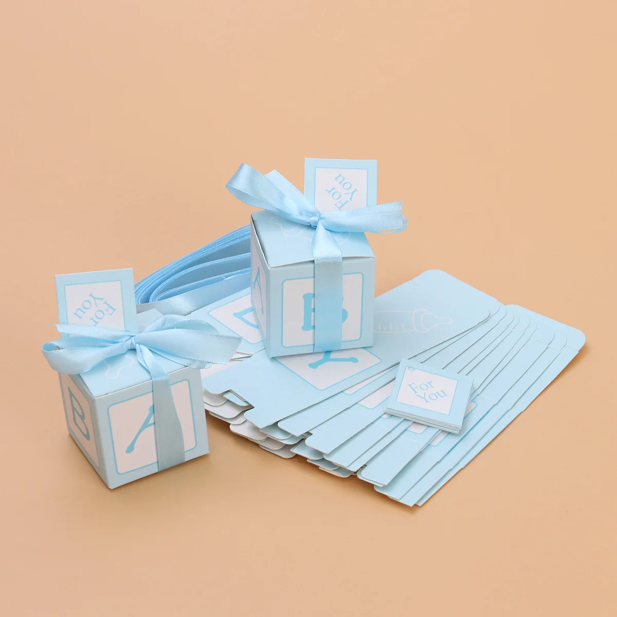 12pcs Wedding Baby Shower Candy Boxes Printed Boxes with Stitched Ribbon and Cards Decent Chocolate Treat Boxes(Blue)