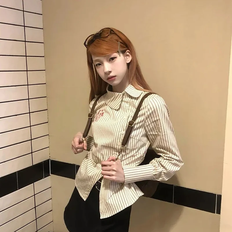 Vintage Striped Shirts Women Y2K Embroidery Slim Blouses Student Preppy Harajuku Japanese Korean Long Sleeve Casual Crop Tops