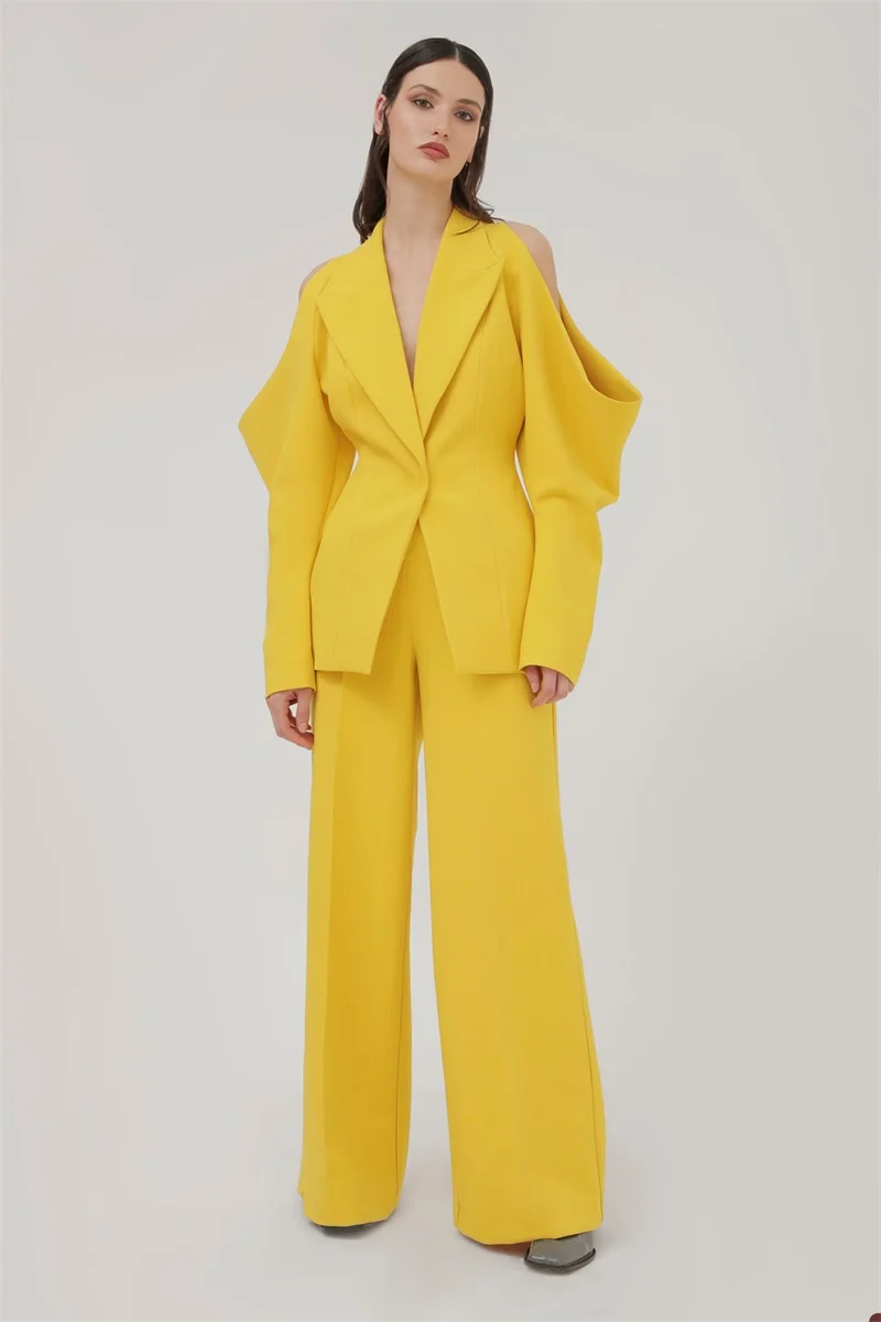 Costumes jaunes pour femmes, ensemble de pantalons, blazer pour jeune fille, col en V, haut creux, veste, taille personnalisée, robe de Rh, streetwear, printemps, 2023, 2 pièces