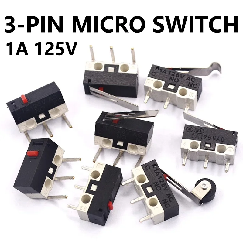 20PCS 3 Pins 1A 125V Mini Micro Limit Switch C NO NC PCB Terminals SPDT Roller Arc lever Snap Action Push Micro Mouse switches