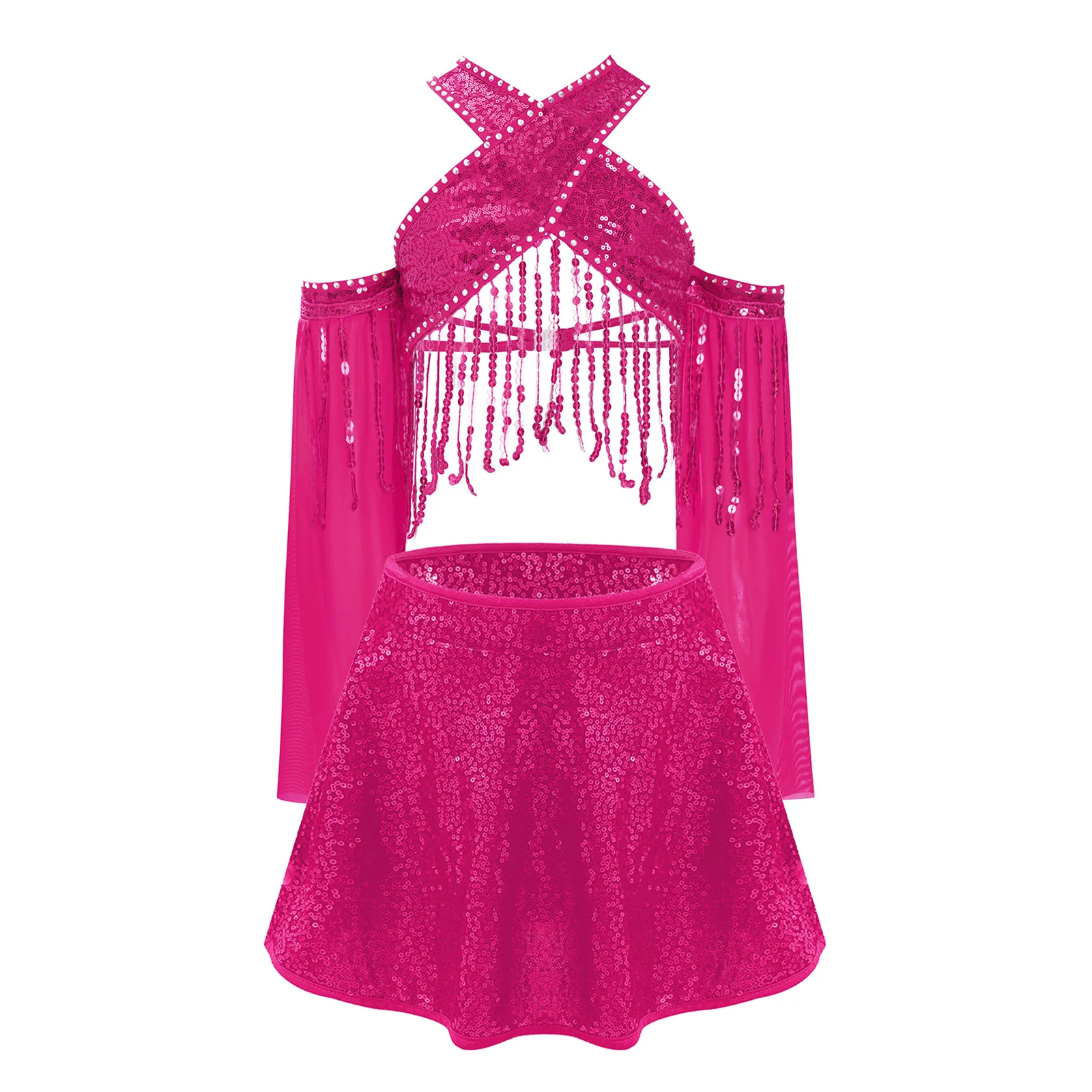 

Kids Girls Latin Belly Dance Wear Sparkling Sequin Tassels Crop Top with Sequined Skirt for Professional Dance Competition Show