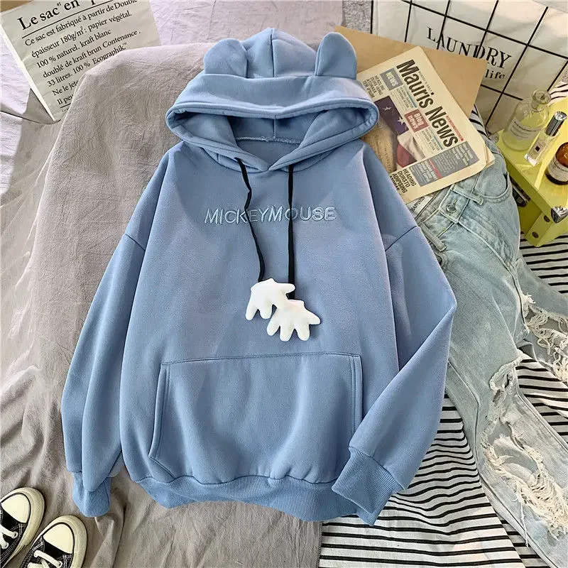 Autumn Winter Sweatshirt Korean Oversized Hoodies Cute Bear Ears Letter Long Sleeve Sweatshirt Fleece Thick Pullover Tops Femmes