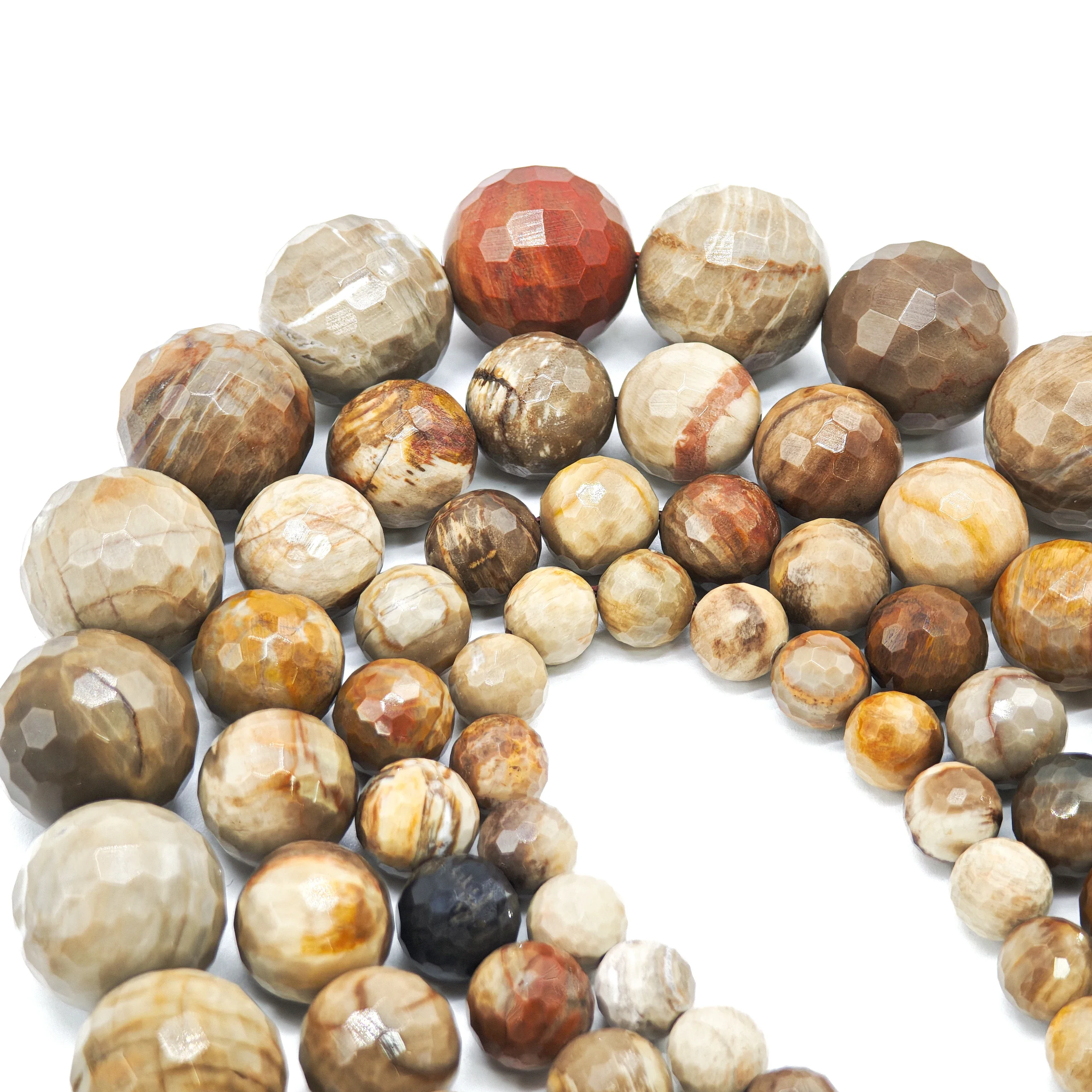 Trending Premium Natural Petrified Wood Stone Round Beads, 8-12mm Round Faceted Brown Loose Beads for DIY Jewelry Making.