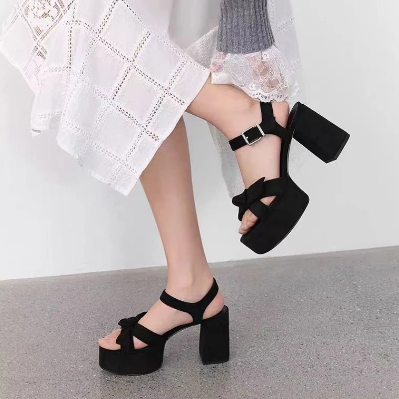 

Satins Sandals for Women 2026 New Square Toe Thick Platform Shoes Summer Nightclub Party Gladiator Sandals