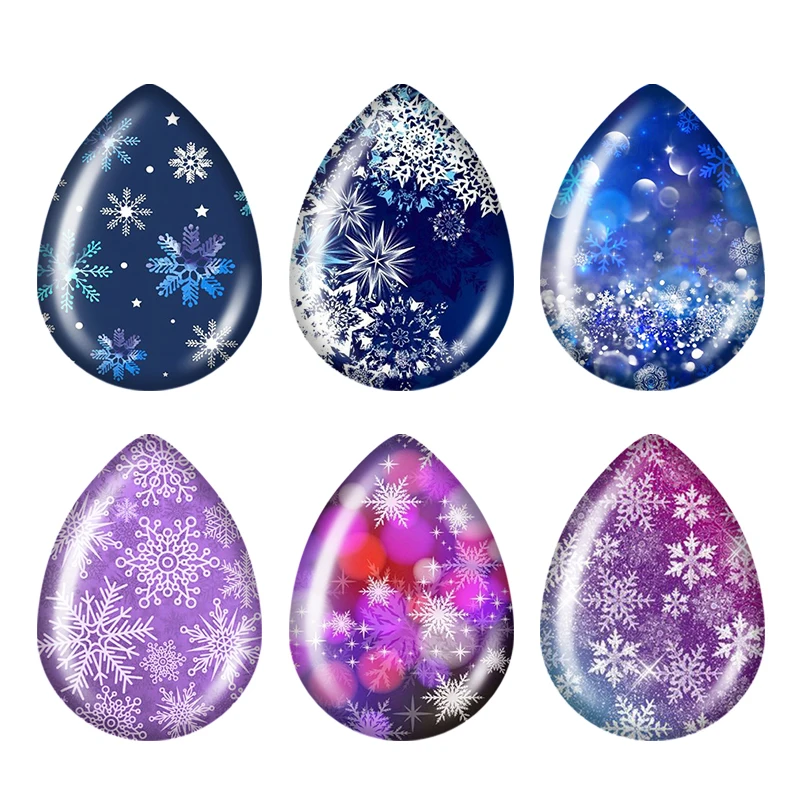 5pairs Blue Purple Snowflake Patterns Winter teardrop shape Photo Glass cabochon flat back For DIY Jewelry base Making Findings
