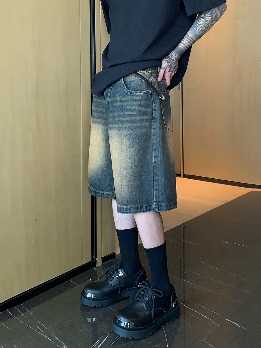 REDDACHIC Vintage Wash Whiskers Denim Shorts Men Straight Wide Leg Casual Baggy Jeans Jorts Male Trousers Harajuku Y2k Clothes